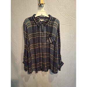 Style&Co Button Up Shirt XL Plaid Sequins Blue White Rayon Woven